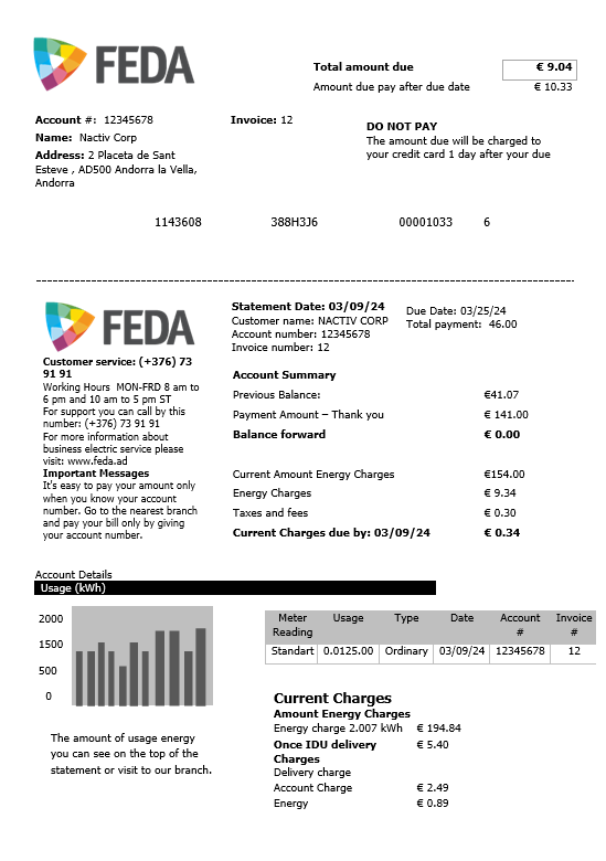 Andorra Electric Forces of Andorra business utility bill template in Word and PDF formats